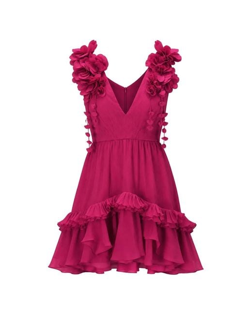 PATBO Pink Floral-Appliqué Ruffled Mini Dress