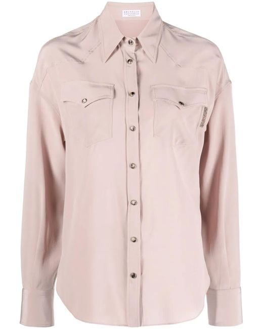 Brunello Cucinelli Pink Pointed-Collar Silk Shirt
