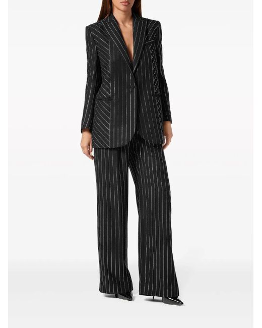 Philipp Plein Black Cady Pinstripe-Crystal Single-Breasted Blazer