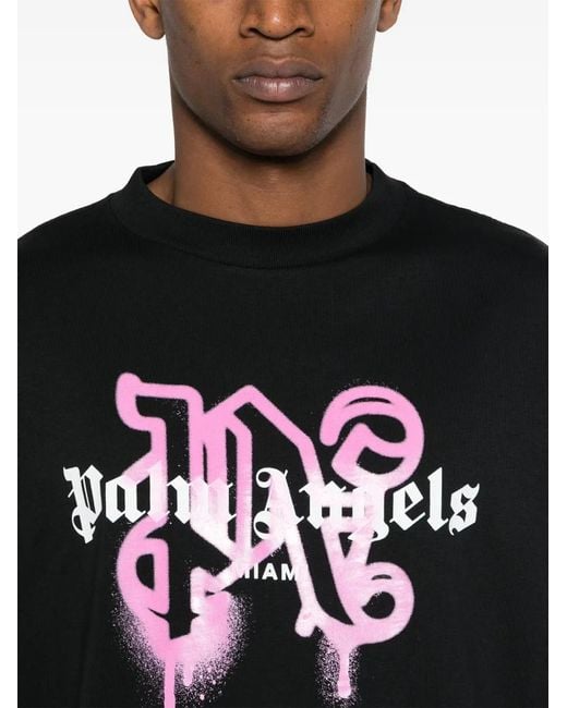 Palm Angels Black Miami Monogram Spray-Print T-Shirt for men