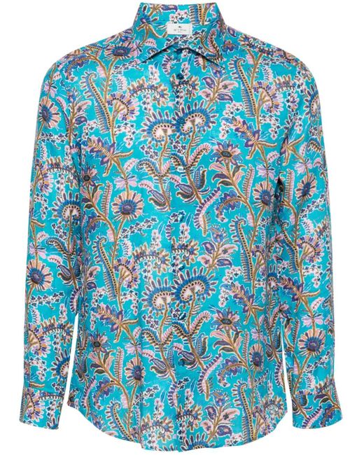Etro Blue Floral-Print Linen Shirt for men
