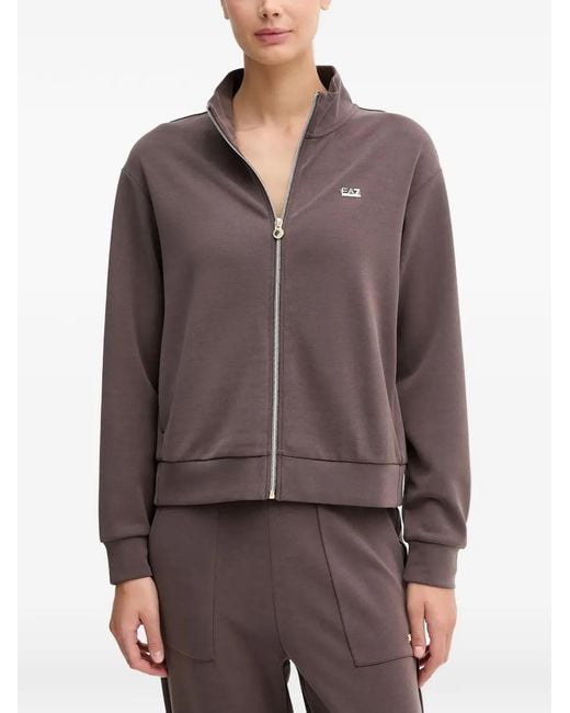 EA7 Brown Zip-Up Logo-Plaque Sweatshirt