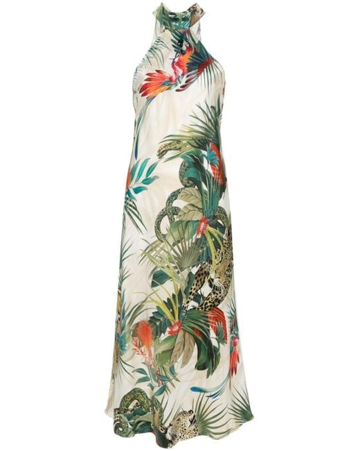 Roberto Cavalli Green Jungle-print Silk Midi Dress