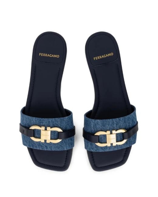 Ferragamo Blue Gancini Ornament Slides