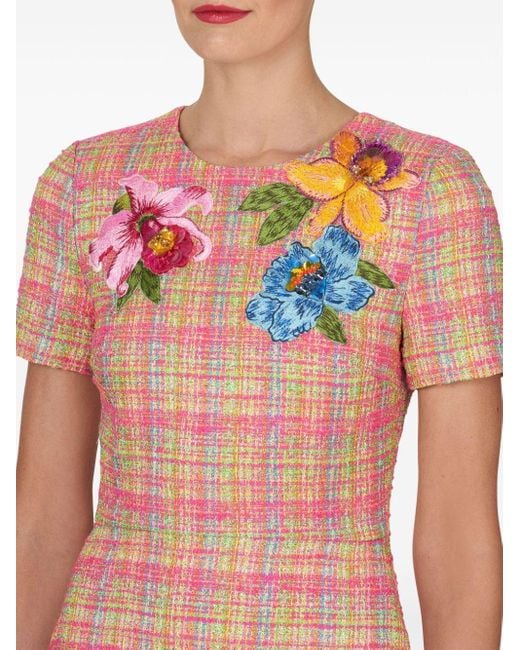 Carolina Herrera Pink Floral-embroidered Tweed Dress