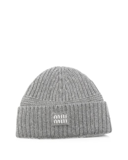 Miu Miu Gray Logo-Patch Ribbed-Knit Wool Beanie