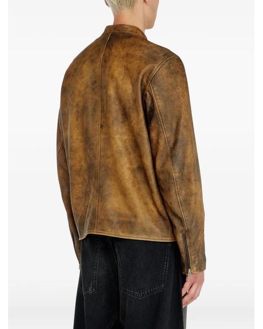 DIESEL Brown Distressed Leather Jacket With Structured Fit for men