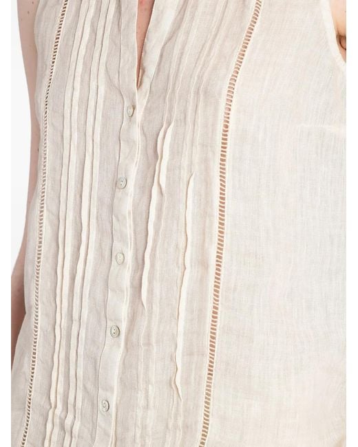 120% Lino White Blouse Sans Manches À Détails Plissés