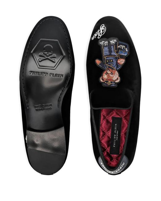 Philipp Plein Black Velvet Loafers Teddy Doorman for men