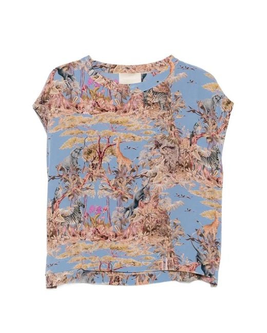 Momoní Blue Curacao Safari-Print Cap-Sleeve Silk Blouse