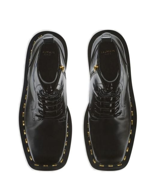 Balmain Black Glazed Leather Army Boots for men