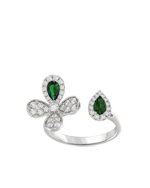 Marchesa Metallic 18kt White Gold Floral Emerald And Diamond Ring
