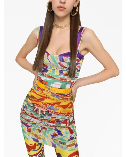 Dolce & Gabbana White Graphic-Print Gathered-Detail Dress