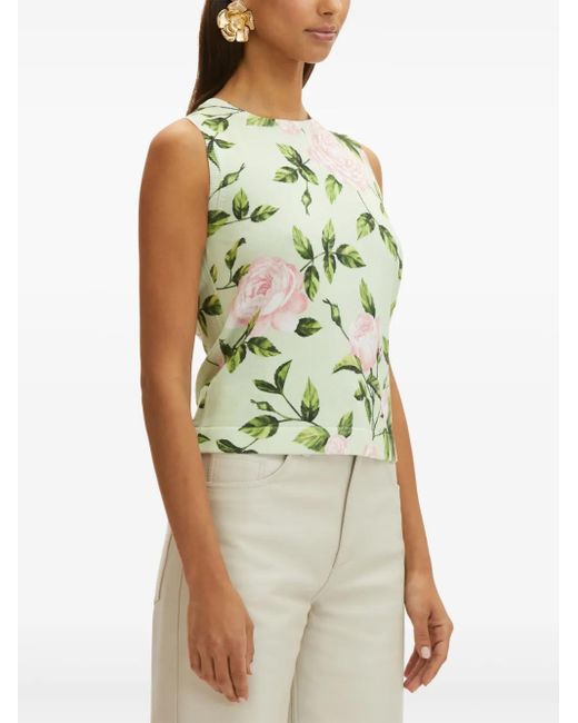 Oscar de la Renta Green Rose-Print Top