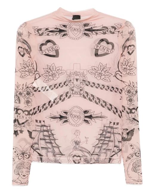 Pinko Pink Graphic-Print Mesh Top
