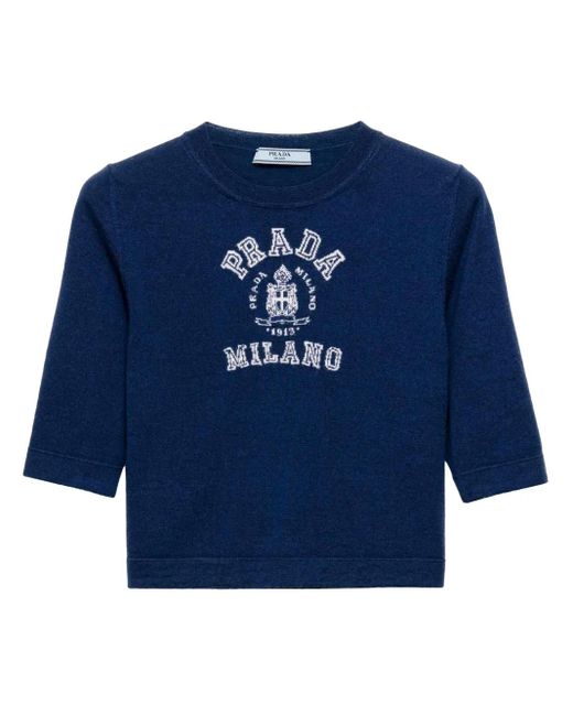 Prada Kasjmier T-Shirt Met Logo-Intarsia in het Blue