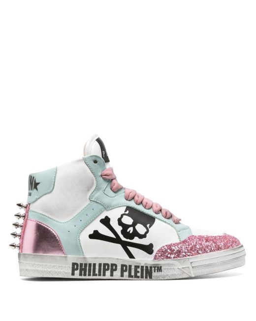 Philipp Plein White Glitter Retrokickz Tm Leather Sneakers