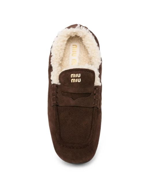 Miu Miu White Shearling-Lined Suede Loafers