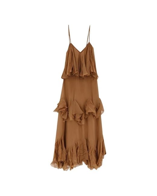 Mes Demoiselles Brown Calimera Ruffled V-Neck Maxi Dress