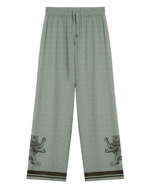 Domaine Des Artistes Green Lion-Embellished Patterned Silk Trousers for men