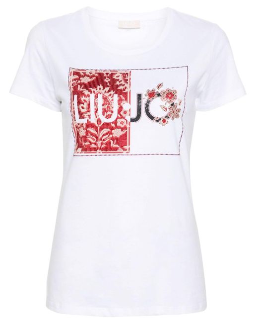 Liu Jo White Crystal-logo Cotton T-shirt
