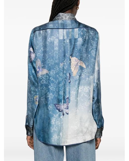 Pierre Louis Mascia Blue Aloe Butterfly Floral Shirt
