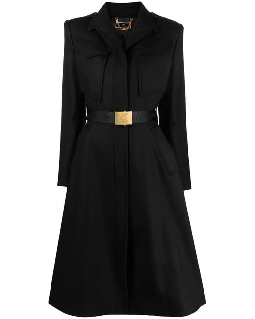 Elisabetta Franchi Black Logo-Detail Belted Coat
