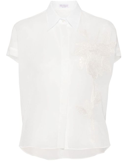 Camisa traslúcida con bordado floral Brunello Cucinelli de color White