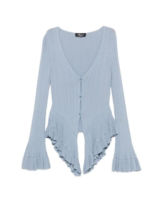 Blumarine Blue Ruffled Ribbed-Knit Cardigan