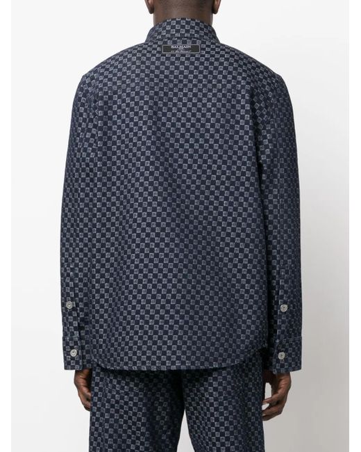 Balmain Blue Monogram-Jacquard Denim Shirt for men