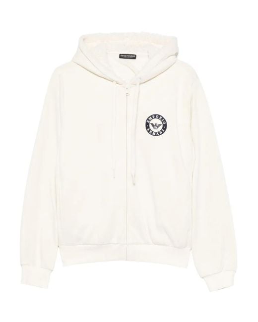 Emporio Armani White Logo-Embroidered Zip-Up Hoodie