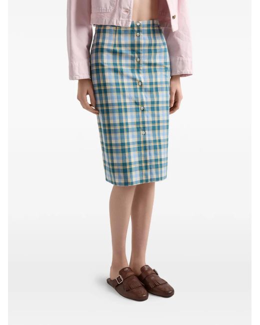 Prada Blue Plaid Cotton Pencil Skirt
