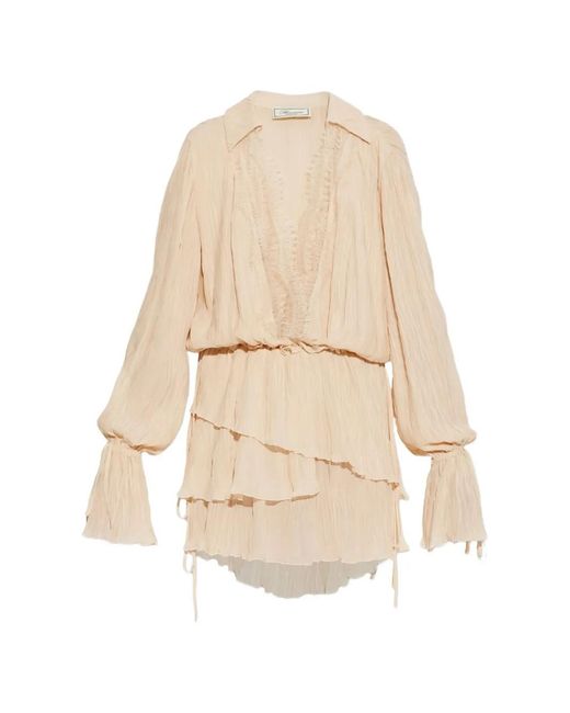 Blumarine Natural Robe Mi-Longue En Dentelle À Volants Superposés