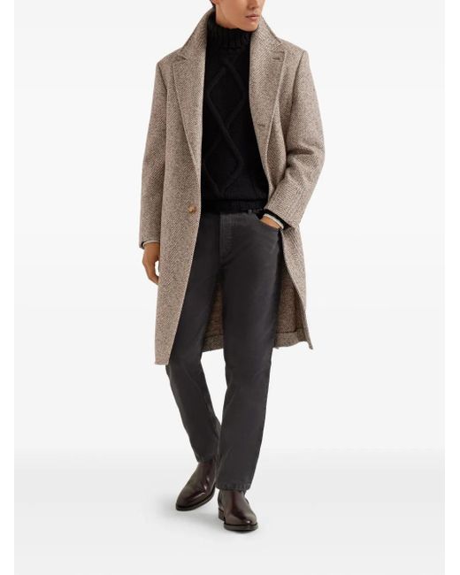 Brunello Cucinelli Natural Chevron-Pattern Single-Breasted Coat for men