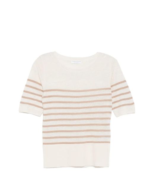 Majestic Filatures White Round-Neck Striped T-Shirt