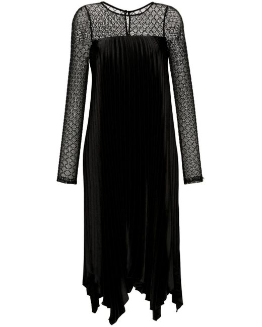 Nissa Black Mesh-panel Pleated Midi Dress