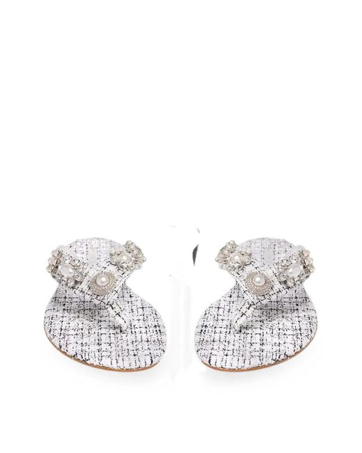 Emanuela Caruso White Teti Faux-Pearl-Embellished Tweed Sandals