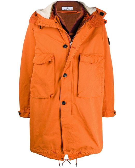 Stone Island Orange Shearling Lined Parka Coat for men