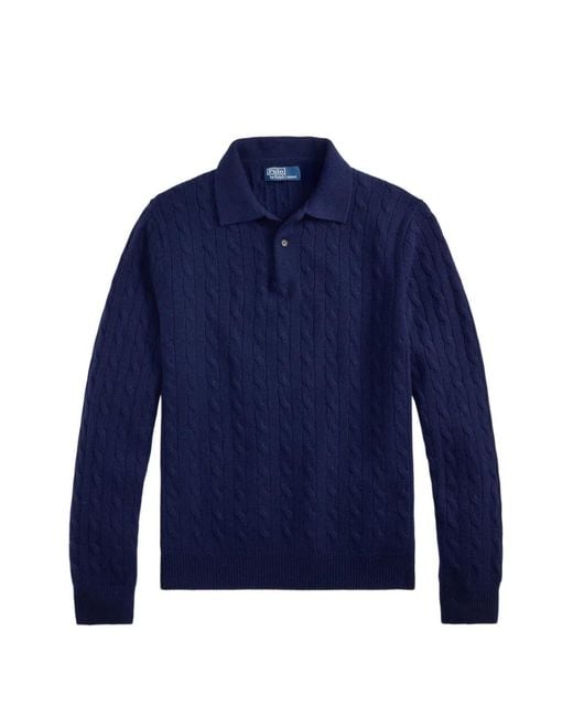 Polo Ralph Lauren Blue Cable-Knit Polo-Collar Sweater for men
