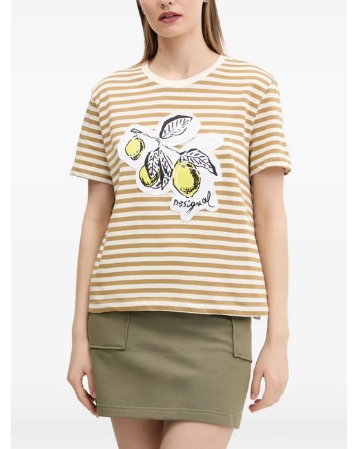 Desigual Natural Graphic-Detail Striped Cotton T-Shirt