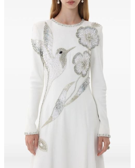Dina Melwani White Crystal-Embellished Hummingbird Evening Maxi Gown Dress