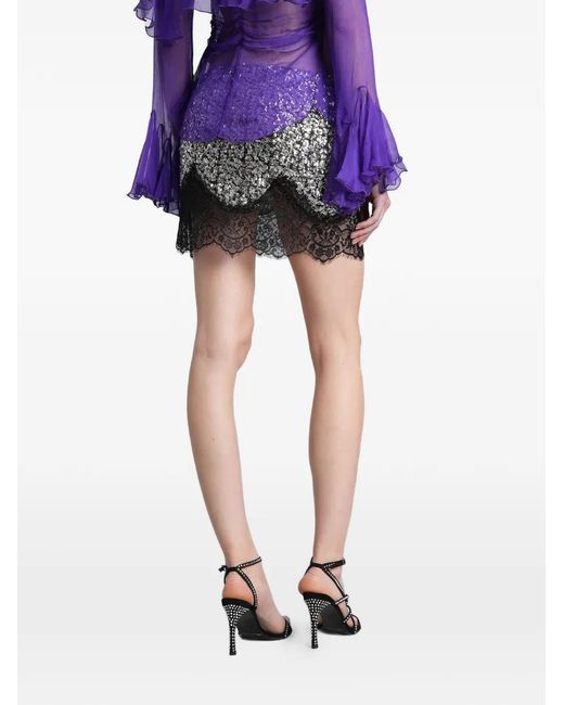 Siedres Blue Sequin-Embellished Lace-Trim Skirt