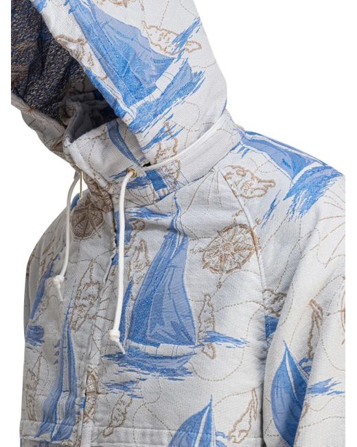 Beams Plus Blue Nautical-Print Hooded Jacket for men