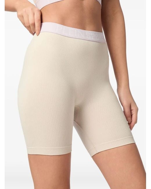Philipp Plein Natural Ribbed Logo Seamless Biker Shorts