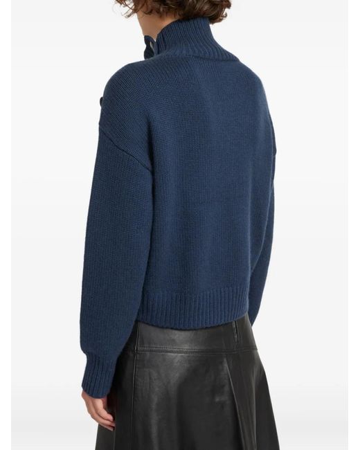 Yves Salomon Blue Button High-Neck Sweater