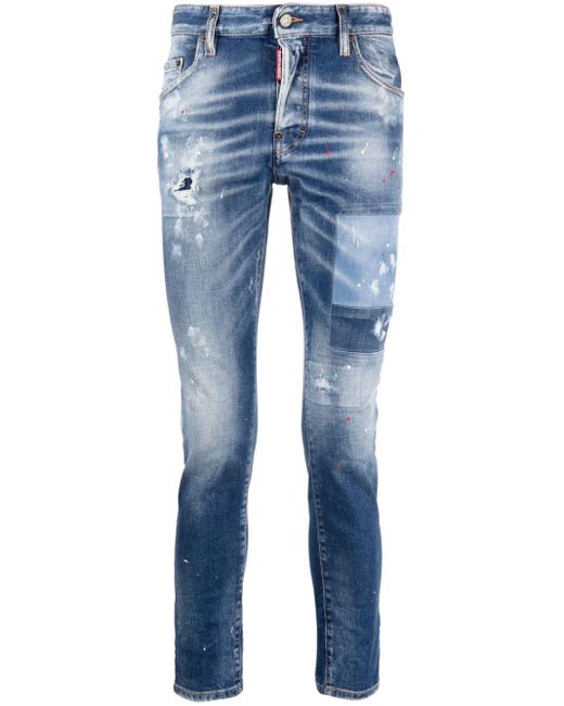 DSquared² Blue Paint-splatter Distressed Skinny Jeans for men