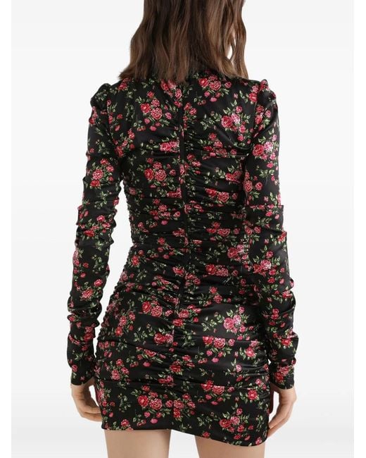 Dolce & Gabbana Black Small Rose Bouquets-Printed Mini Satin Dress
