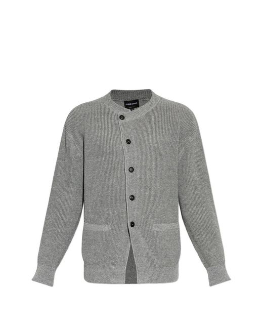 Giorgio Armani Gray Off-Centre Ribbed-Knit Cardigan for men