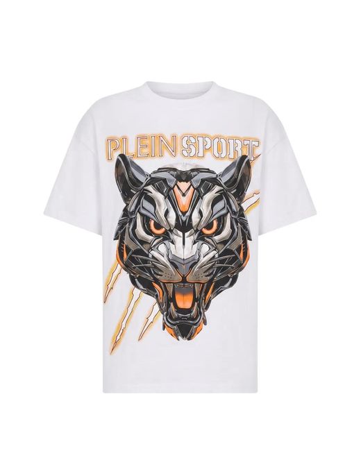 Philipp Plein White Tiger-Print Logo-Print T-Shirt for men