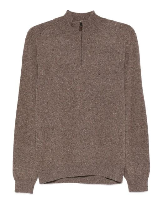 Canali Brown Half-Zip Wool Sweater for men